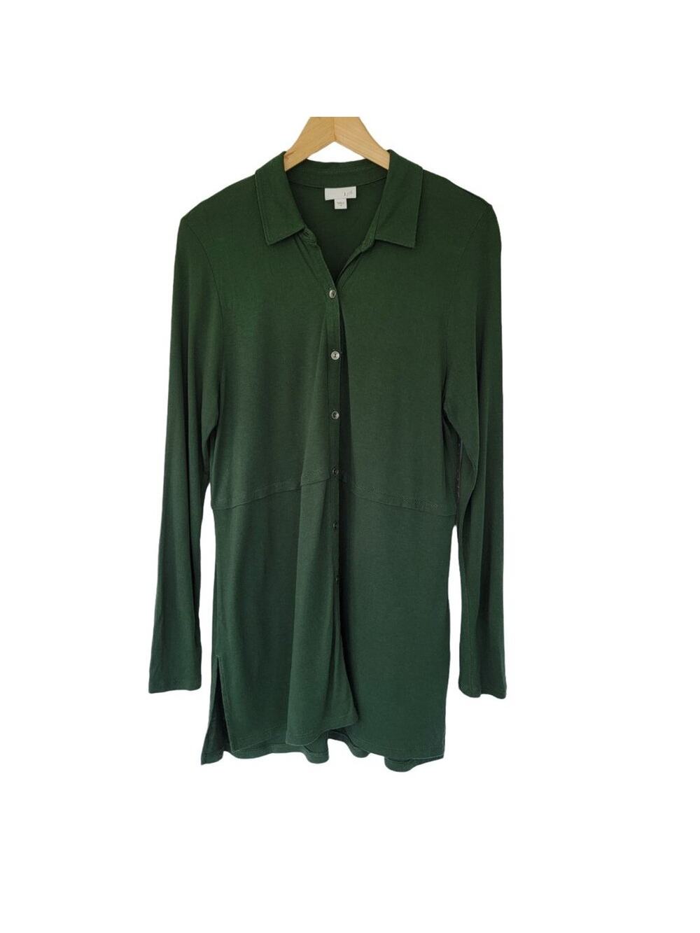 J Jill Long Sleeve Button Down Tunic Blouse Womens M Hunter Green Rayon Tencel